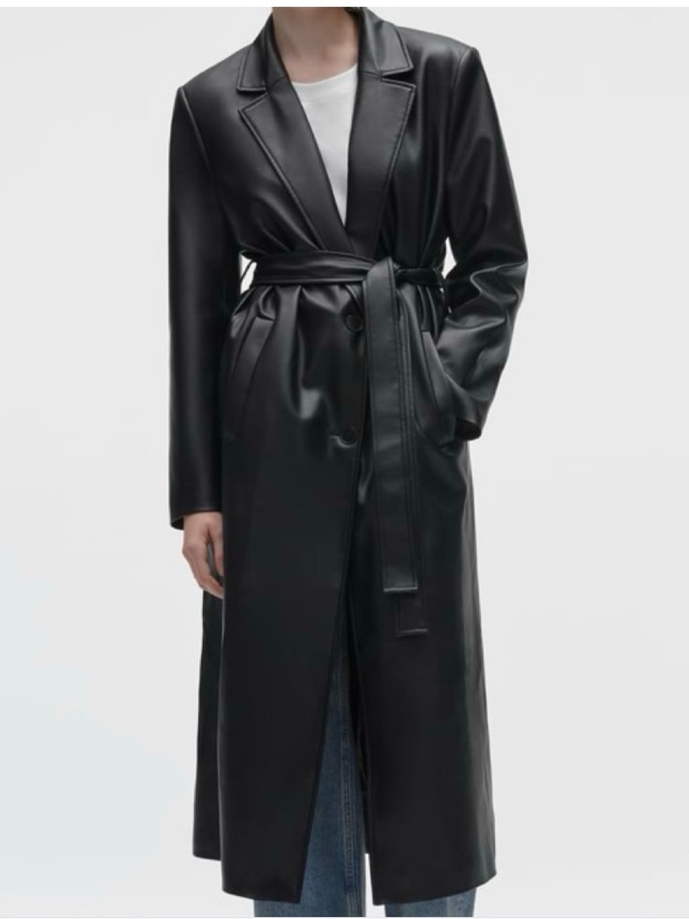 Zara Black Faux Leather Long Belted Trench Coat